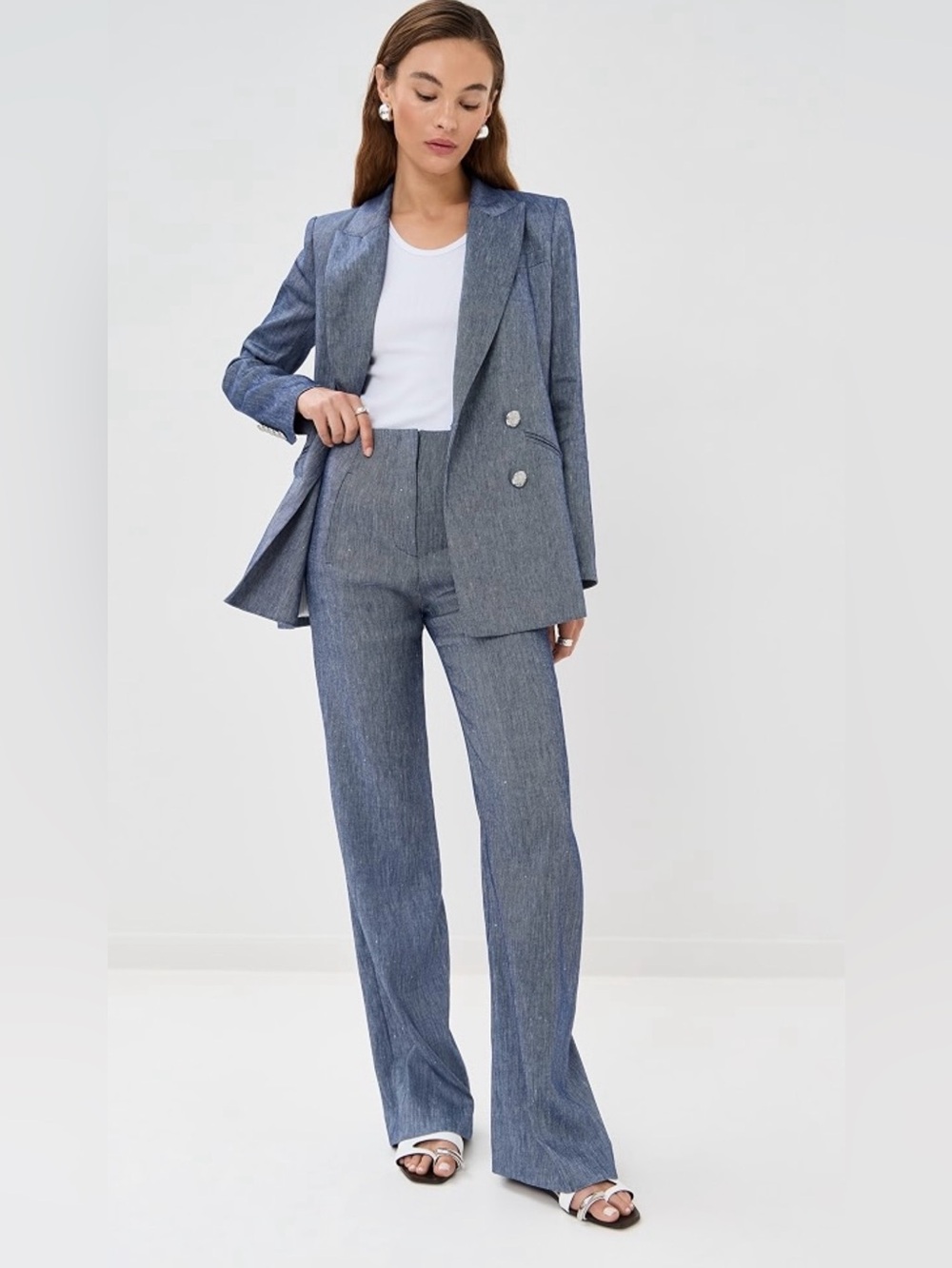 Veronica Beard Linen Blue Melange Suit Jude Pants Dale Dickey Jacket sz 14 NEW